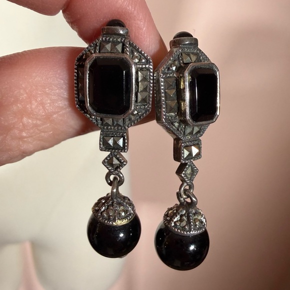 Judith Jack vintage Art Deco Sterling silver Onyx Dangle Earrings - Picture 4 of 16